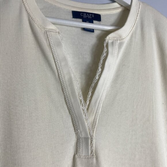 Chaps Yellow Lace Henley Cotton Quarter Sleeve Top Size XL Pastel Comfy - Picture 3 of 7